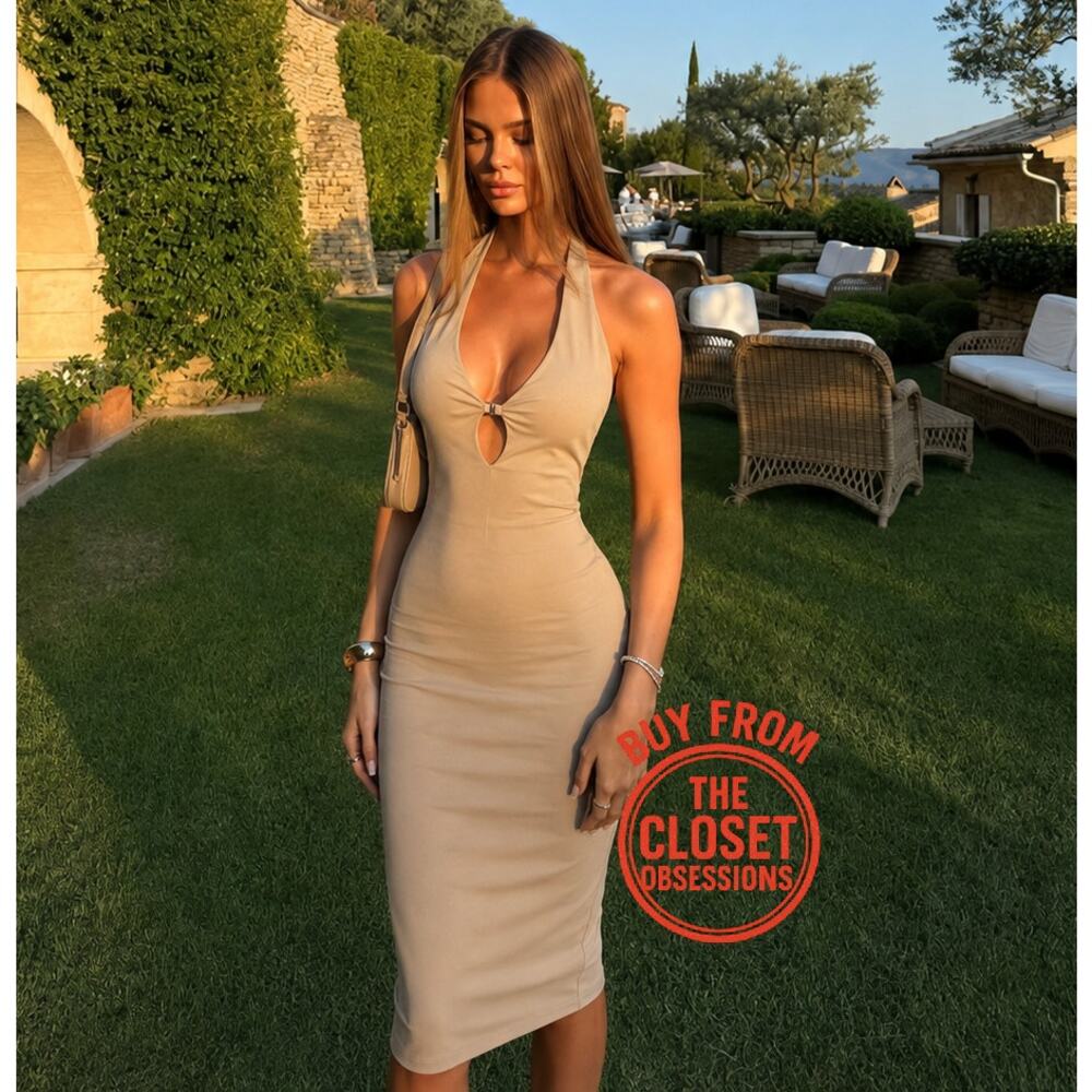 Zara Taupe Halter Bodycon Midi Dress Cut Out Stretch Fitted Evening NWT Size L - Picture 2 of 16
